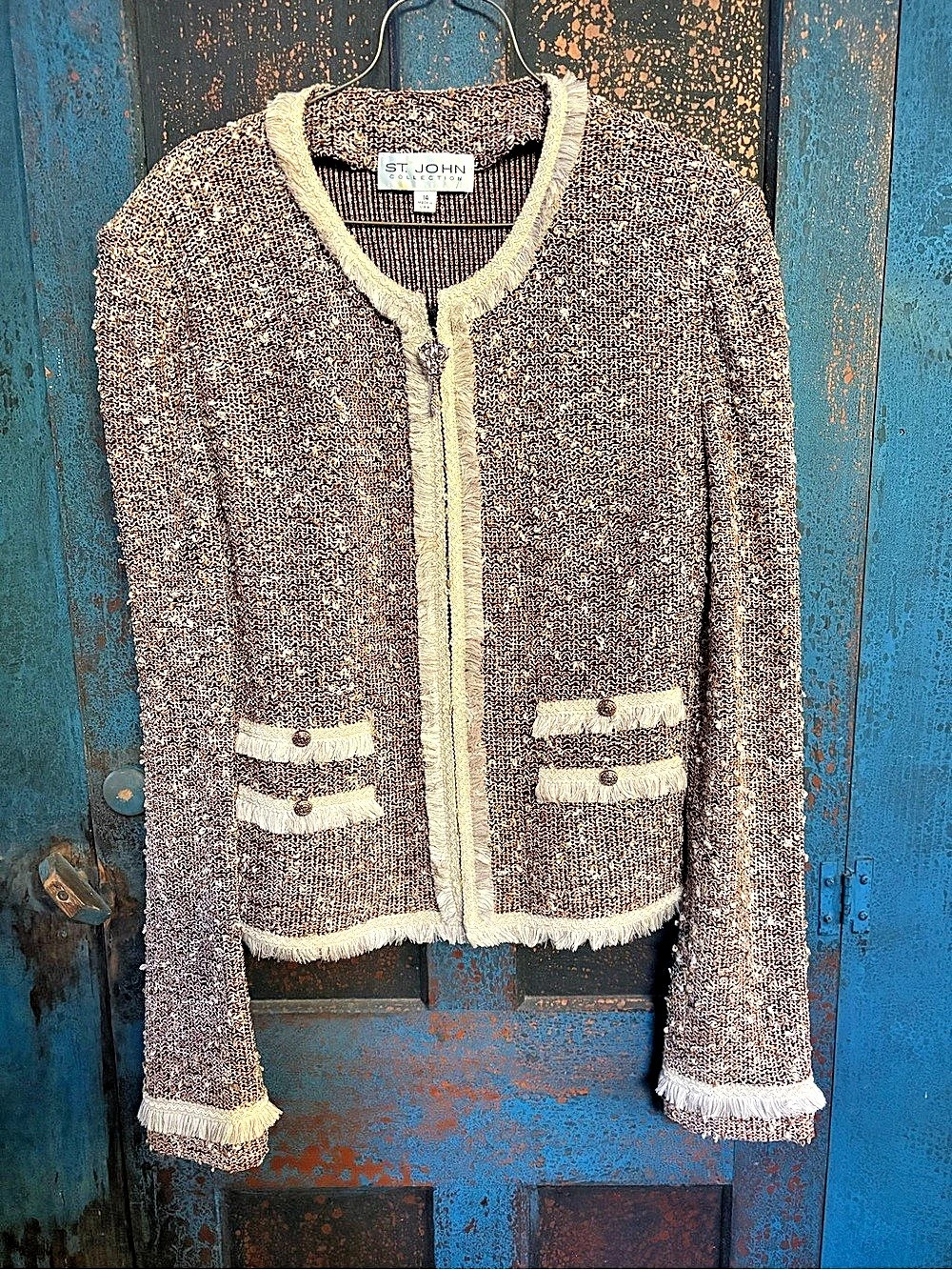 St. John Boucle Fringe Jacket in Brown & Cream Copper Threads Size 14